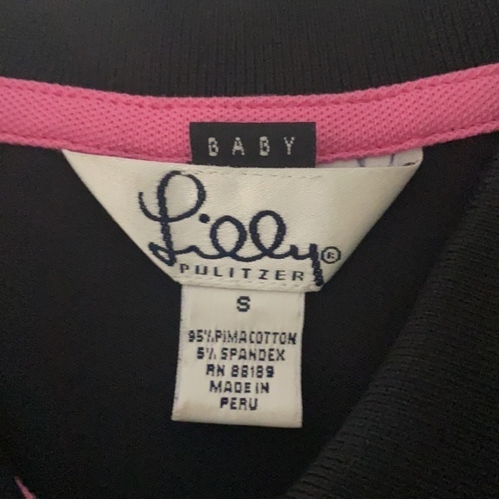 Lilly Pulitzer White Label "Baby" Women Tennis Prep Black Polo Shirt Small EUC